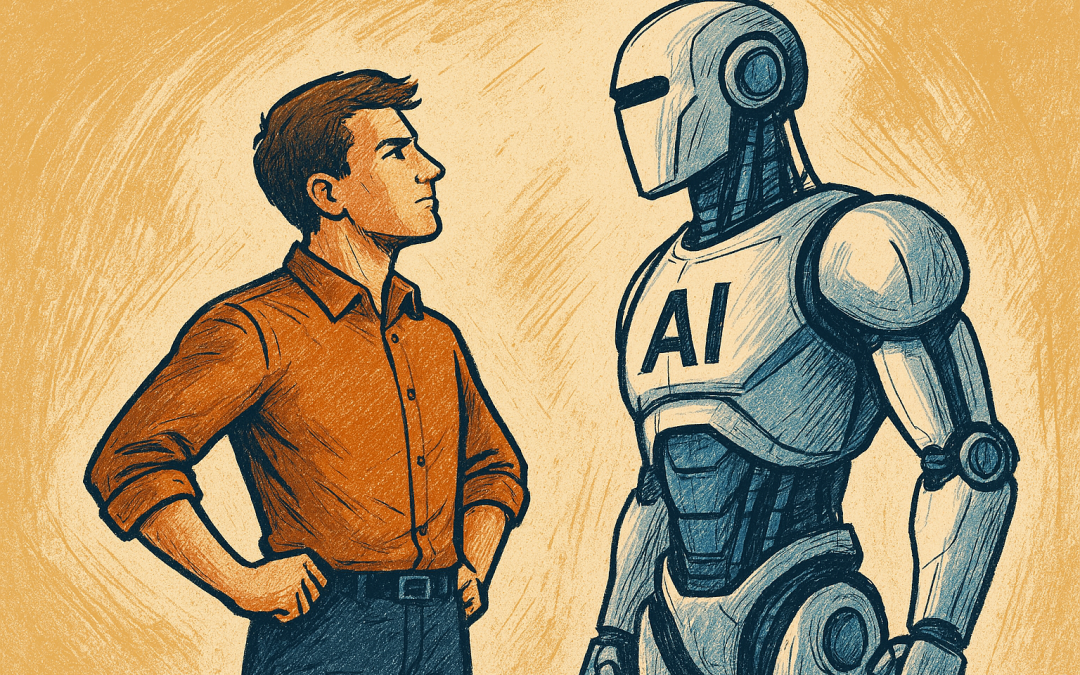 Mann steht selbstbewusst einer KI gegenüber